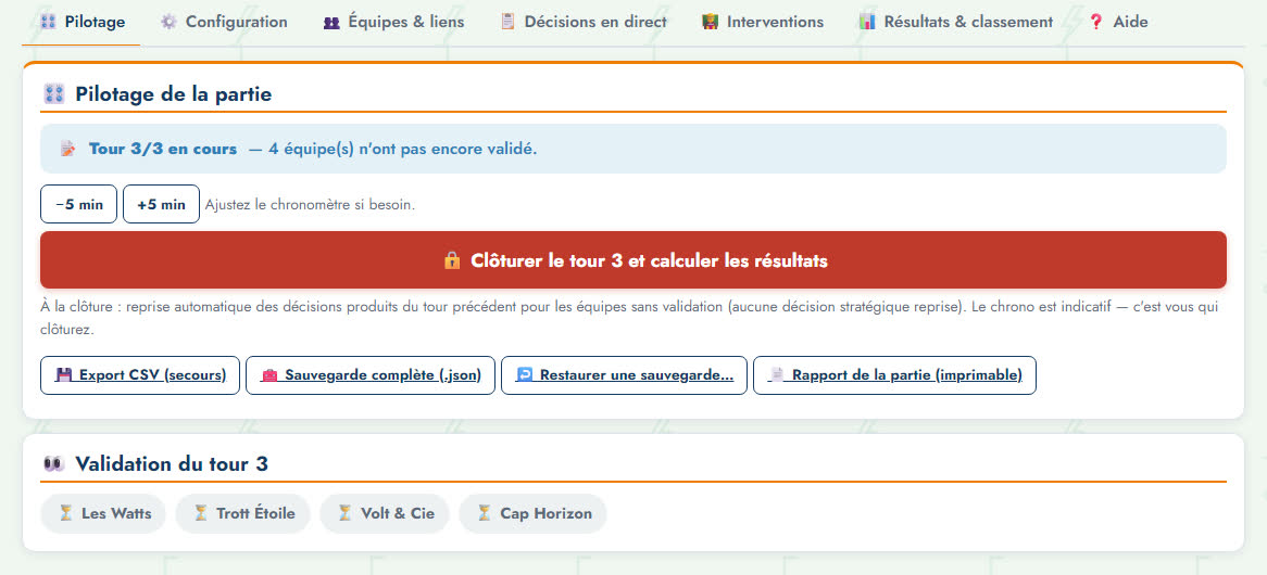 Console de l'animateur : pilotage du tour 3, réglage du chronomètre, bouton de clôture et exports